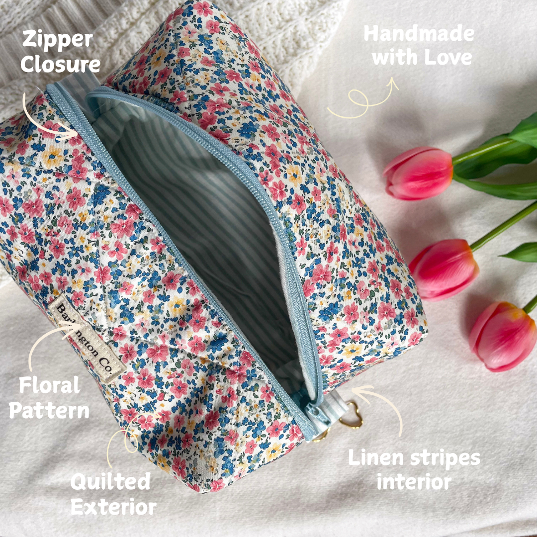 'Blue Petals' Quilted Make-up Bag